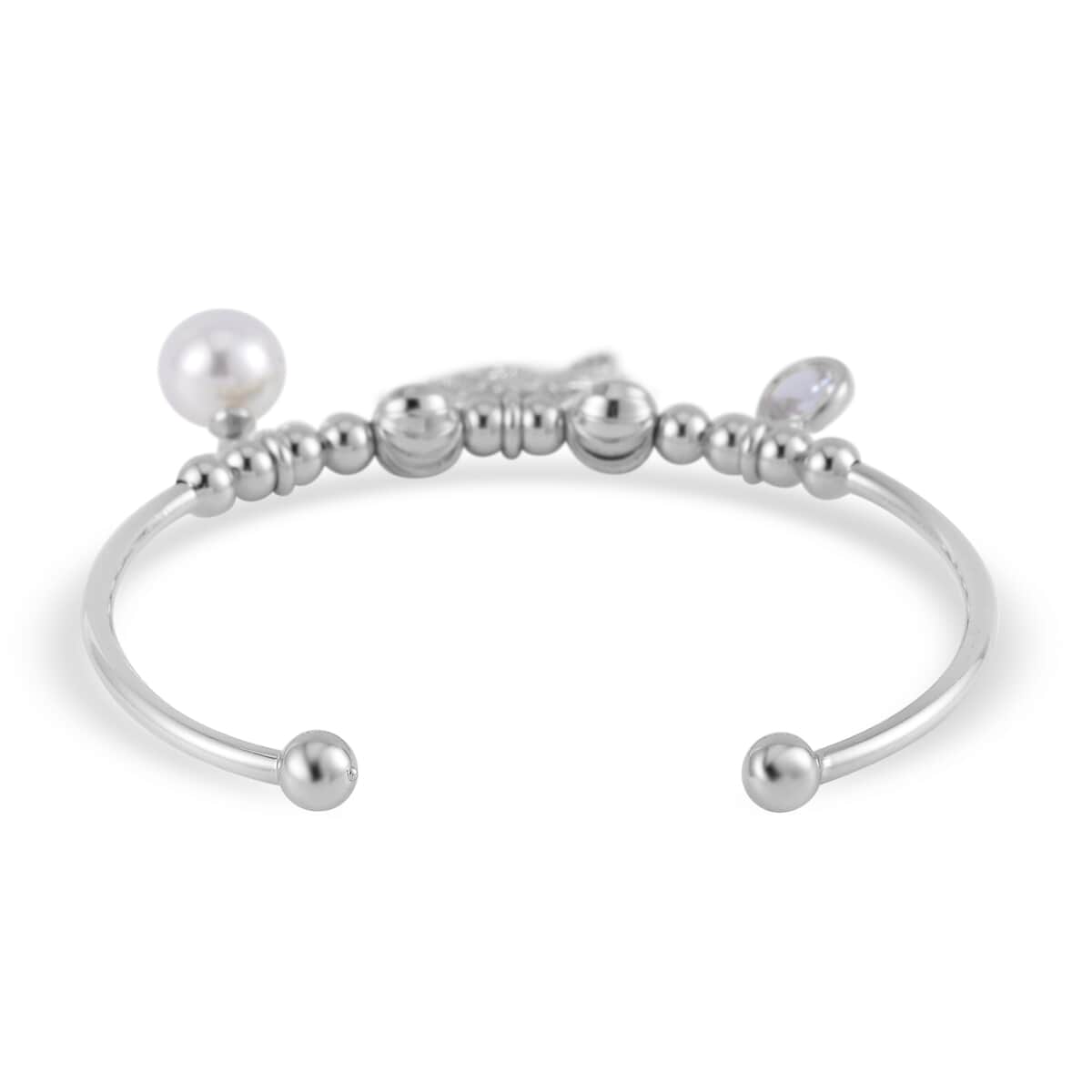 Simulated Pearl, Simulated Diamond, Austrian Crystal Bangle Bracelet (7.00In) and Earrings with Heart Charm in Silvertone 1.10 ctw image number 4