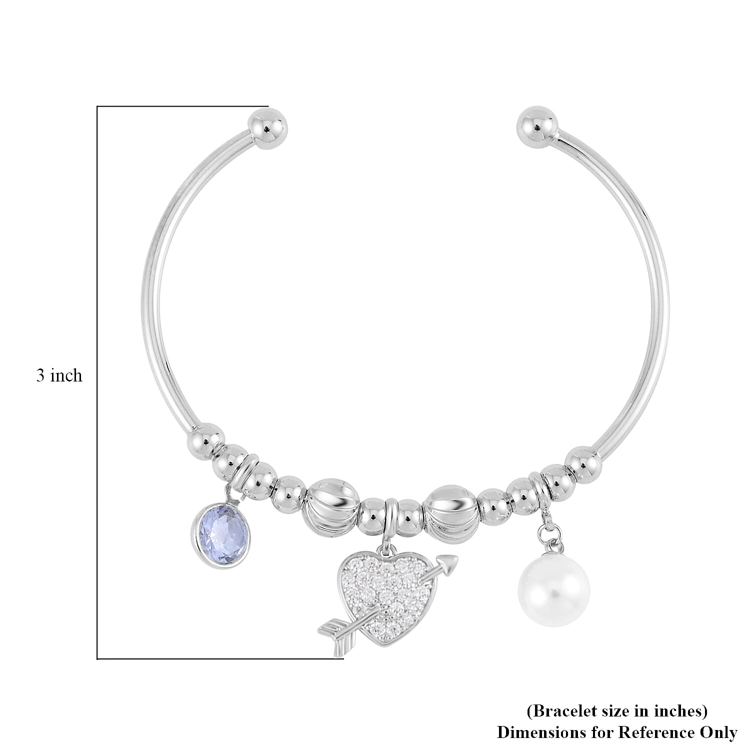 Simulated Pearl, Simulated Diamond, Austrian Crystal Bangle Bracelet (7.00In) and Earrings with Heart Charm in Silvertone 1.10 ctw