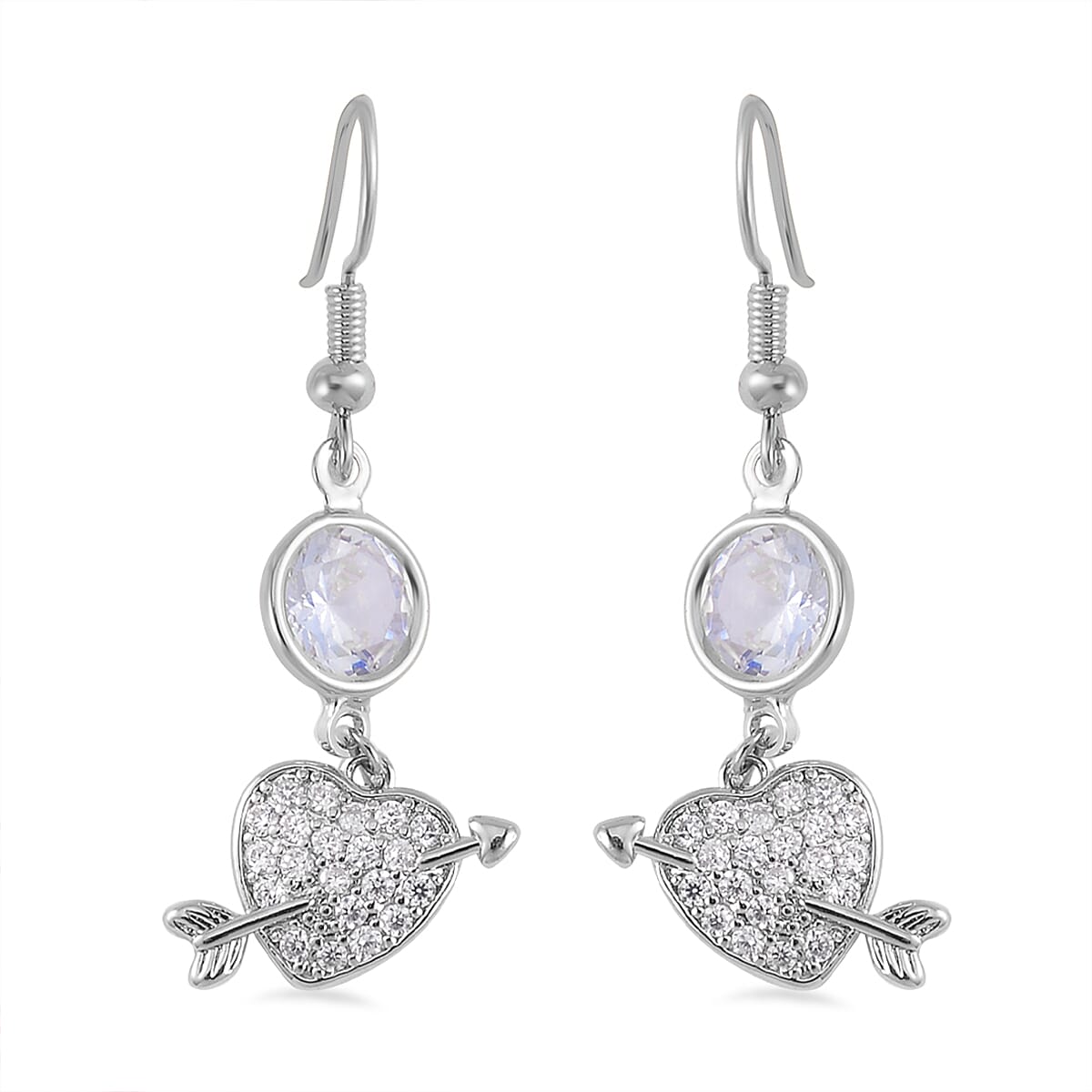 Simulated Pearl, Simulated Diamond, Austrian Crystal Bangle Bracelet (7.00In) and Earrings with Heart Charm in Silvertone 1.10 ctw