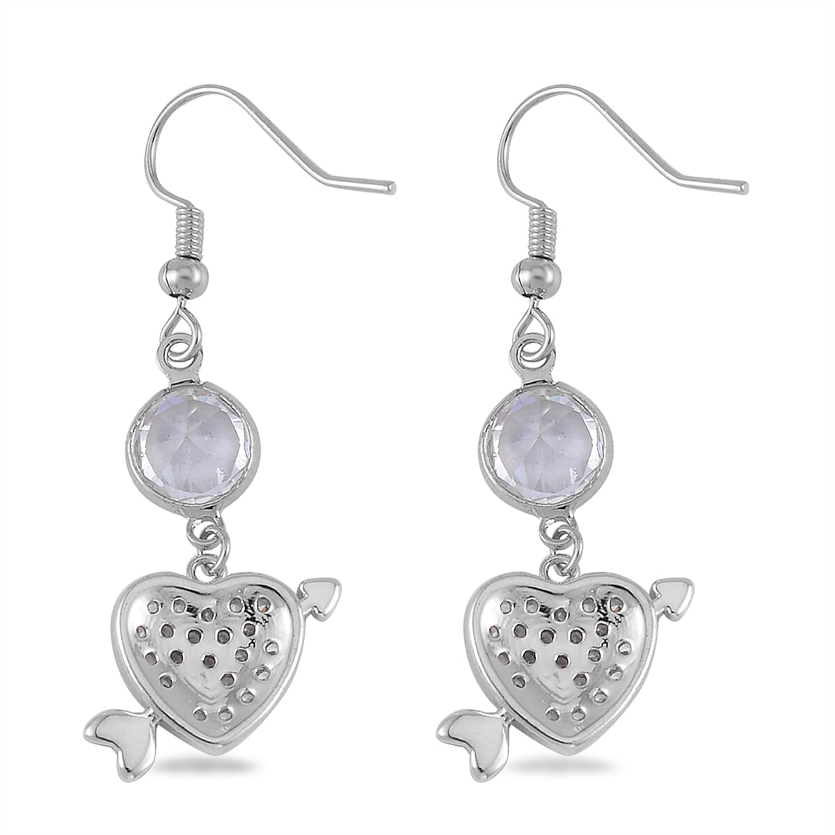 Simulated Pearl, Simulated Diamond, Austrian Crystal Bangle Bracelet (7.00In) and Earrings with Heart Charm in Silvertone 1.10 ctw