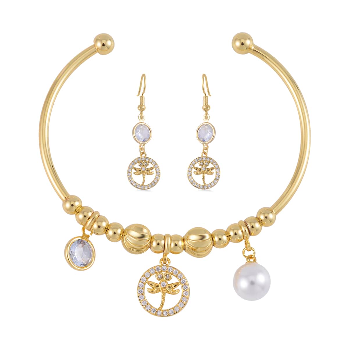 Simulated Pearl, Simulated Diamond, Austrian Crystal Bangle Bracelet (7.00In) and Earrings in Goldtone 0.80 ctw image number 0