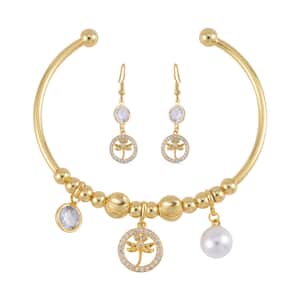 Simulated Pearl, Simulated Diamond, Austrian Crystal Bangle Bracelet (7.00In) and Earrings with Dragonfly Charm in Goldtone 0.80 ctw