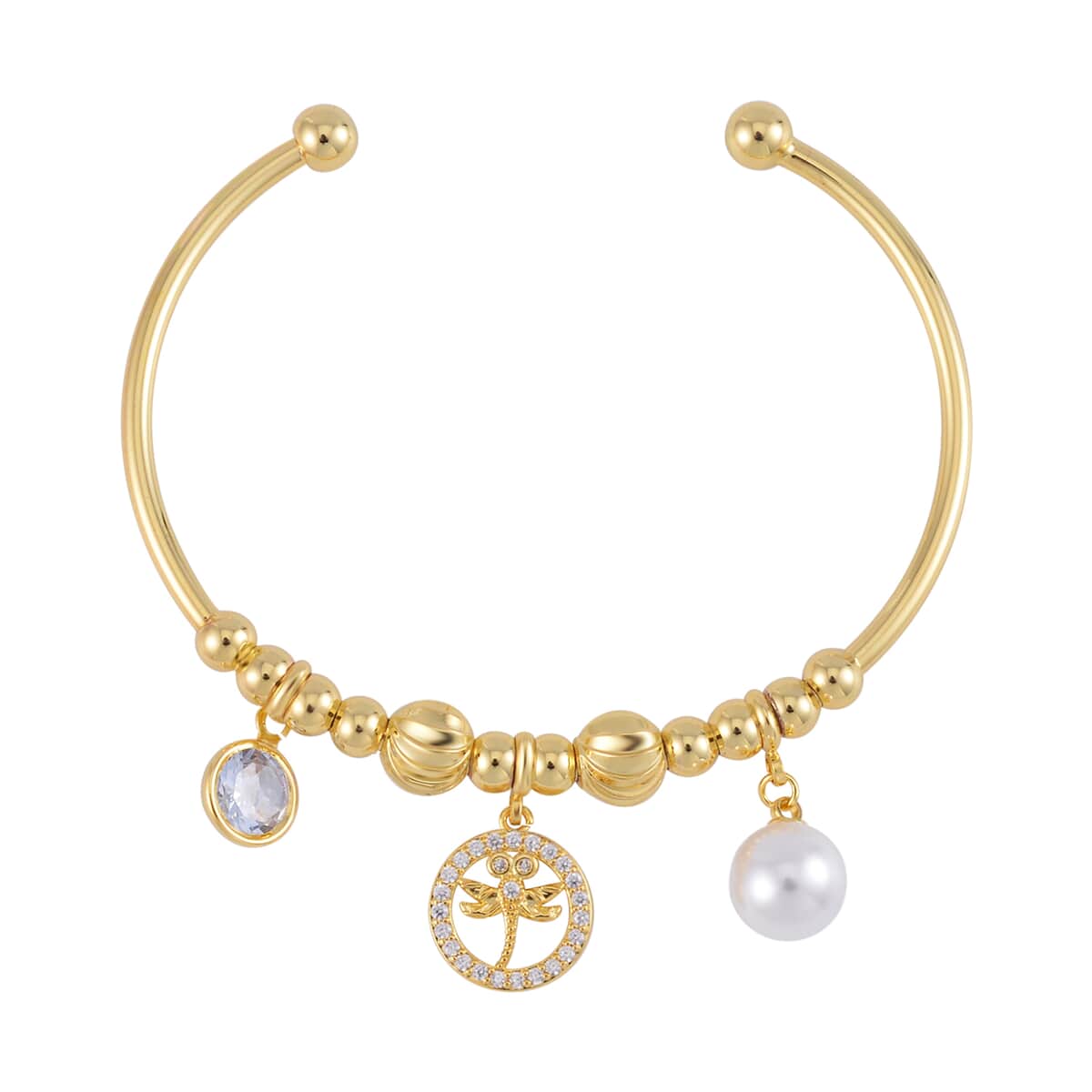 Simulated Pearl, Simulated Diamond, Austrian Crystal Bangle Bracelet (7.00In) and Earrings with Dragonfly Charm in Goldtone 0.80 ctw image number 2