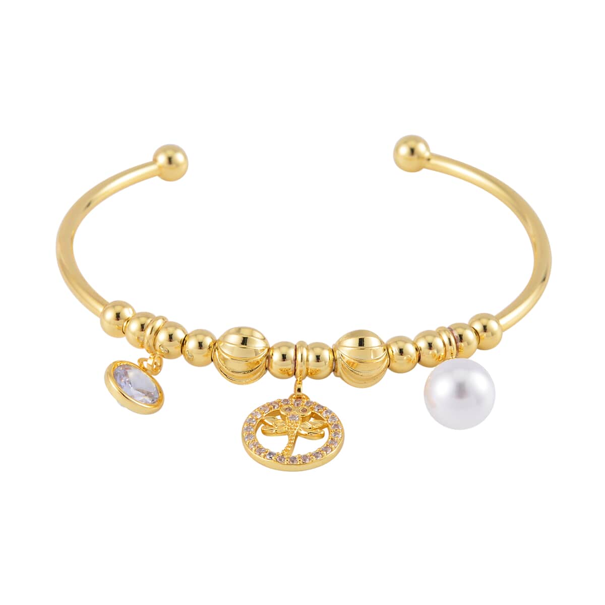 Simulated Pearl, Simulated Diamond, Austrian Crystal Bangle Bracelet (7.00In) and Earrings with Dragonfly Charm in Goldtone 0.80 ctw image number 3