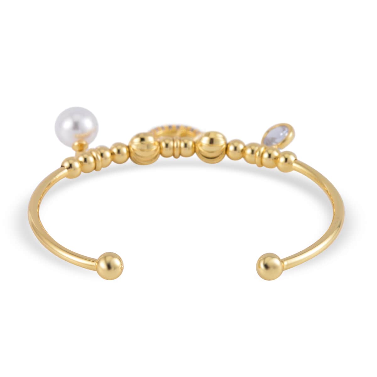 Simulated Pearl, Simulated Diamond, Austrian Crystal Bangle Bracelet (7.00In) and Earrings in Goldtone 0.80 ctw image number 4