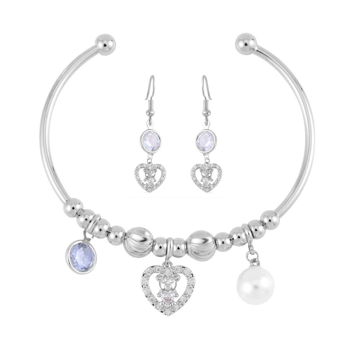 Simulated Pearl, Simulated Diamond, Austrian Crystal Bangle Bracelet (7.00In) and Earrings with Teddy Bear Heart in Silvertone 0.90 ctw image number 0