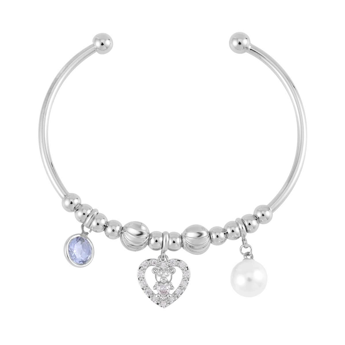 Simulated Pearl, Simulated Diamond, Austrian Crystal Bangle Bracelet (7.00In) and Earrings with Teddy Bear Heart in Silvertone 0.90 ctw image number 2