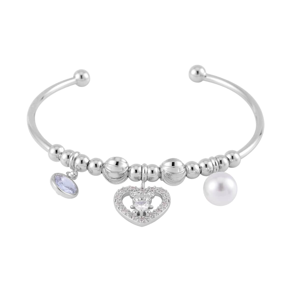 Simulated Pearl, Simulated Diamond, Austrian Crystal Bangle Bracelet (7.00In) and Earrings with Teddy Bear Heart in Silvertone 0.90 ctw image number 3