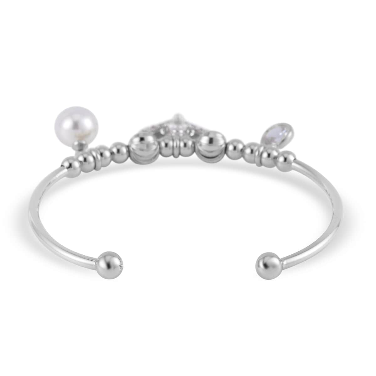 Simulated Pearl, Simulated Diamond, Austrian Crystal Bangle Bracelet (7.00In) and Earrings with Teddy Bear Heart in Silvertone 0.90 ctw image number 4