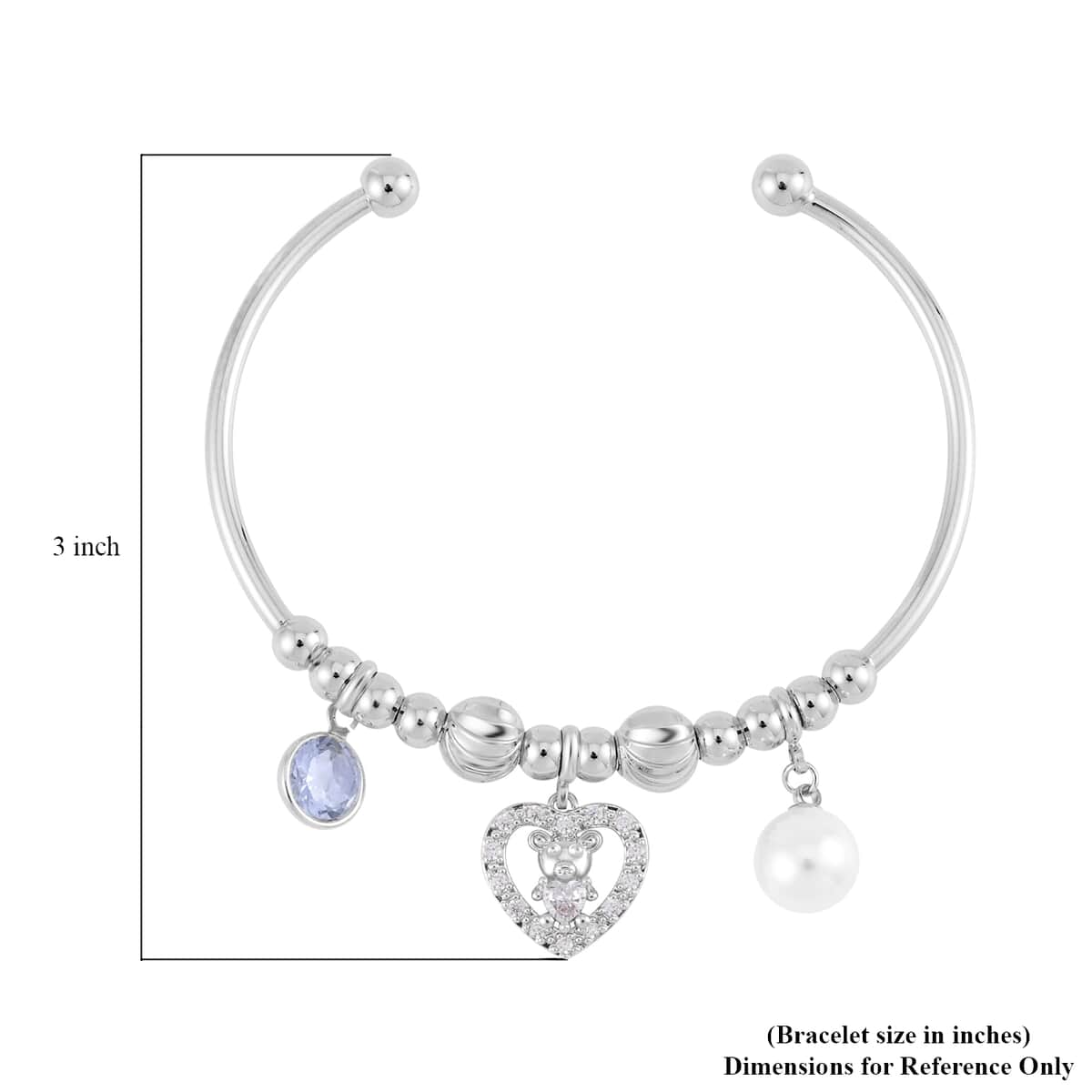 Simulated Pearl, Simulated Diamond, Austrian Crystal Bangle Bracelet (7.00In) and Earrings with Teddy Bear Heart in Silvertone 0.90 ctw image number 5