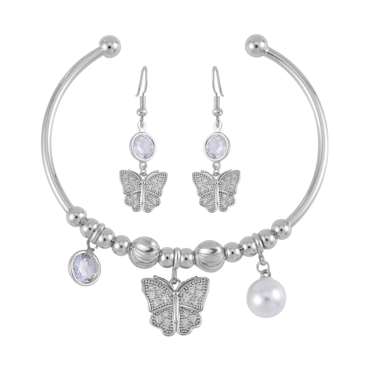 Simulated Pearl, Simulated Diamond and Austrian Crystal Earrings and Cuff Bracelet (7.00 In) with Butterfly Charm in Silvertone 0.80 ctw image number 0