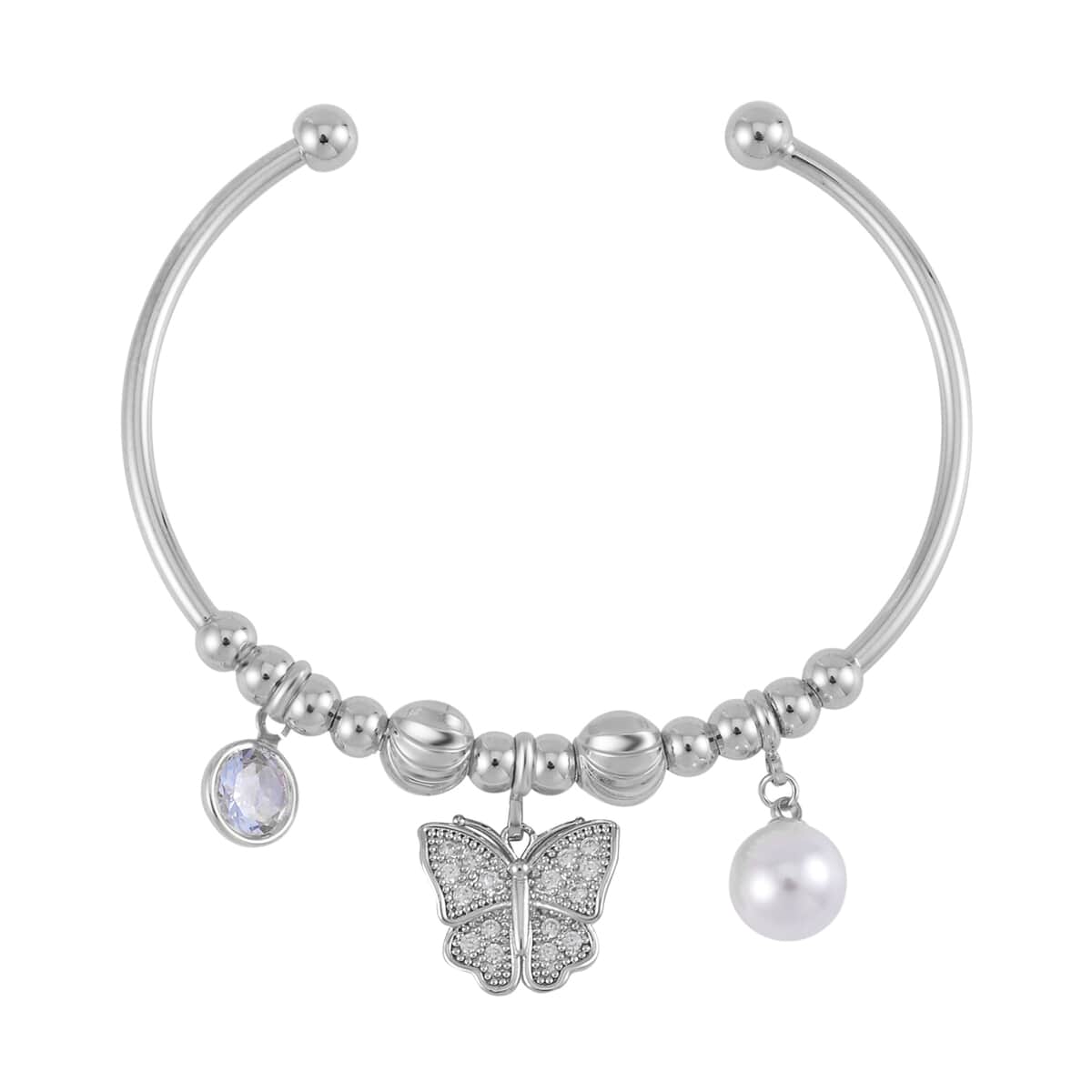 Simulated Pearl, Simulated Diamond and Austrian Crystal Earrings and Cuff Bracelet (7.00 In) with Butterfly Charm in Silvertone 0.80 ctw image number 2