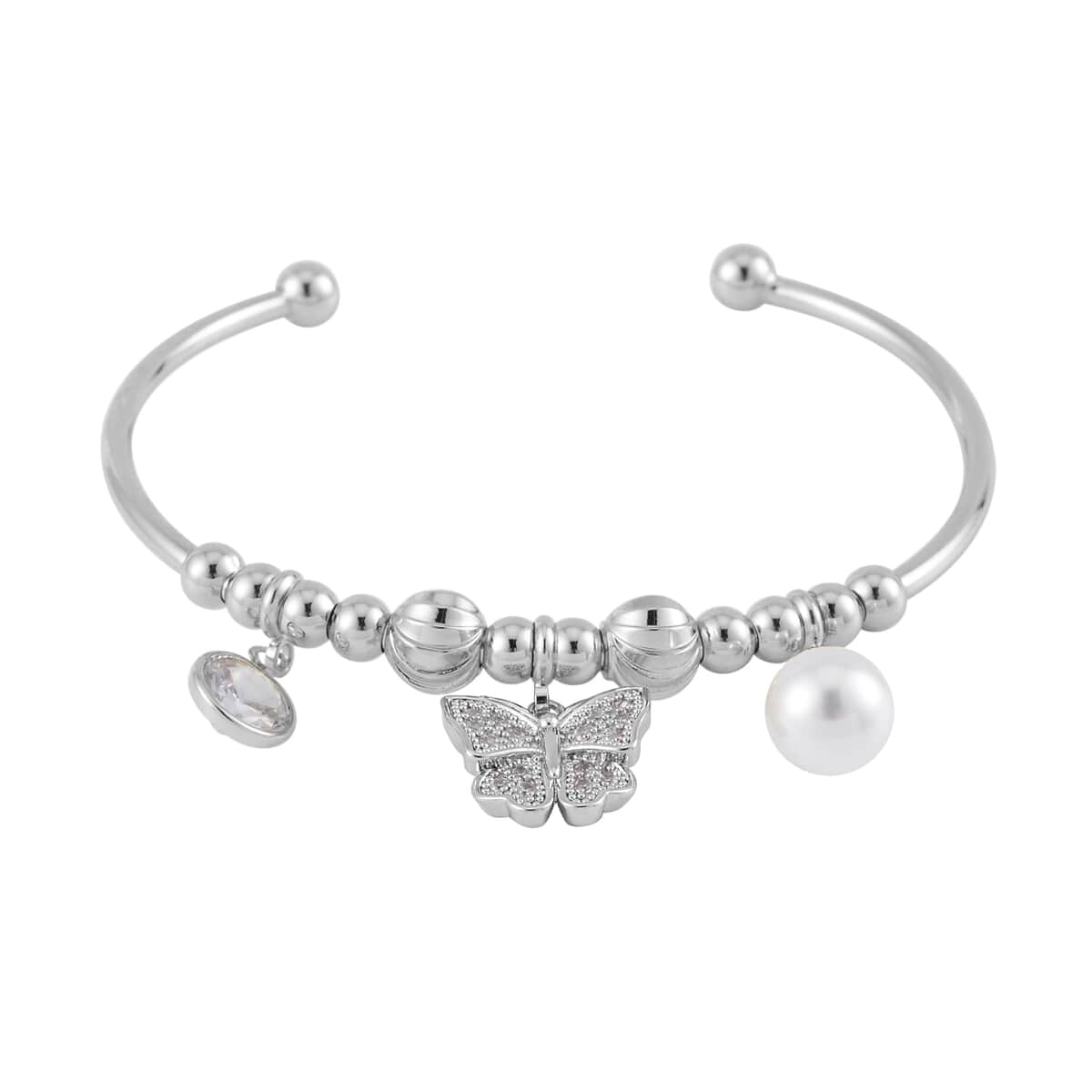 Simulated Pearl, Simulated Diamond and Austrian Crystal Earrings and Cuff Bracelet (7.00 In) with Butterfly Charm in Silvertone 0.80 ctw image number 3