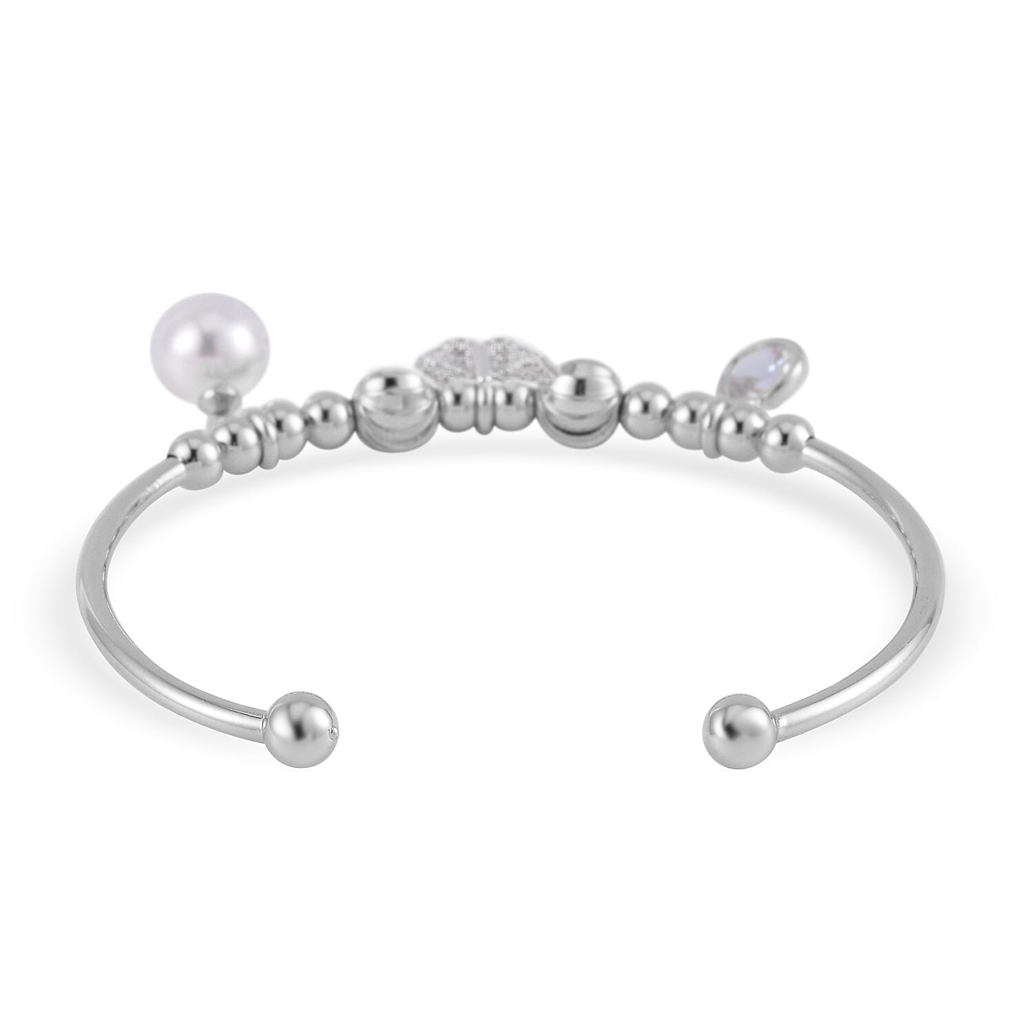 Simulated Pearl, Simulated Diamond and Austrian Crystal Earrings and Cuff Bracelet (7.00 In) with Butterfly Charm in Silvertone 0.80 ctw
