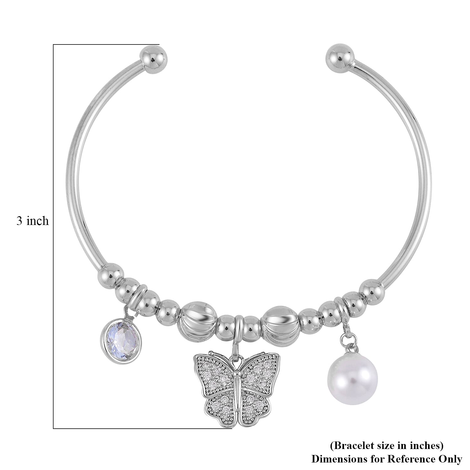 Simulated Pearl, Simulated Diamond and Austrian Crystal Earrings and Cuff Bracelet (7.00 In) with Butterfly Charm in Silvertone 0.80 ctw