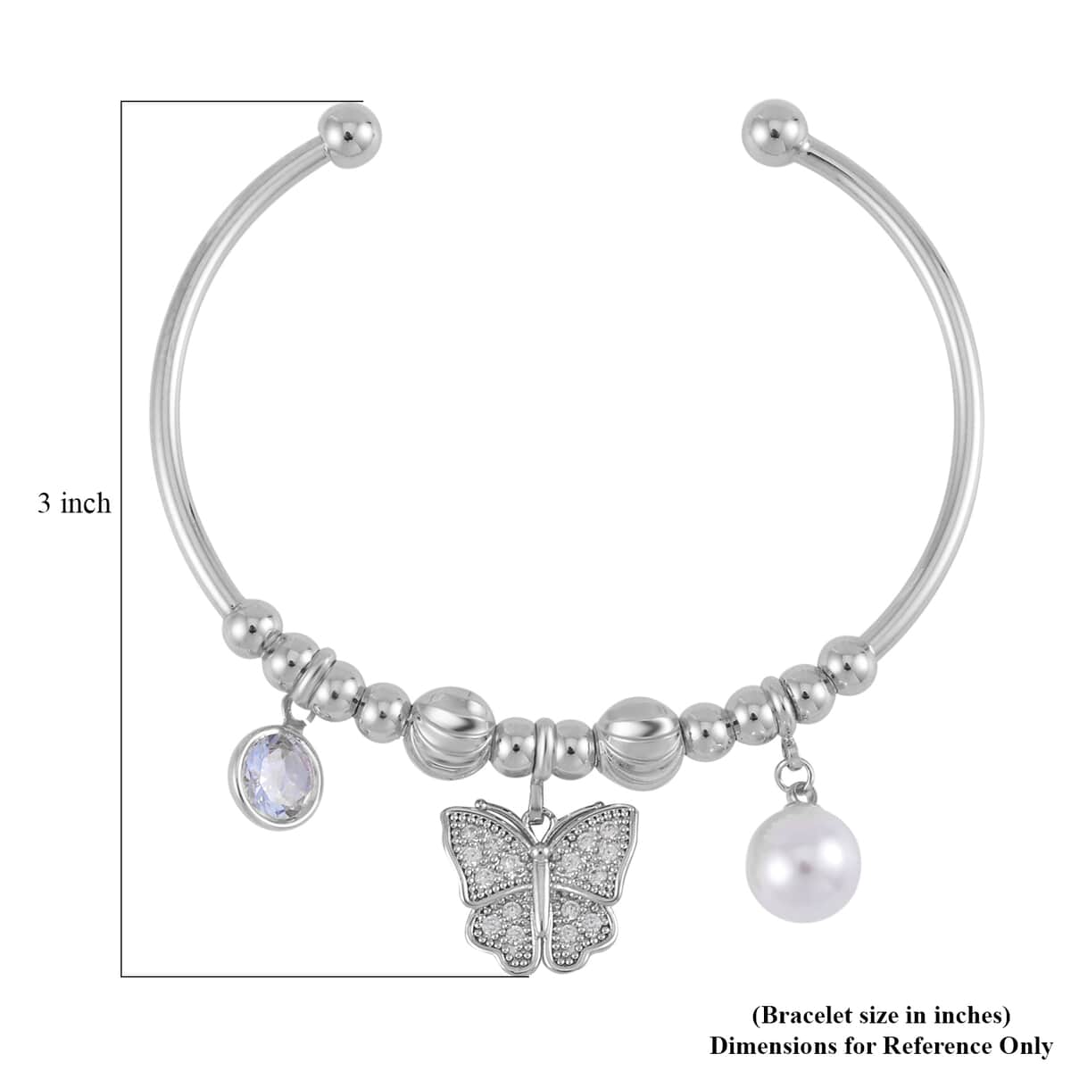 Simulated Pearl, Simulated Diamond and Austrian Crystal Earrings and Cuff Bracelet (7.00 In) with Butterfly Charm in Silvertone 0.80 ctw image number 5