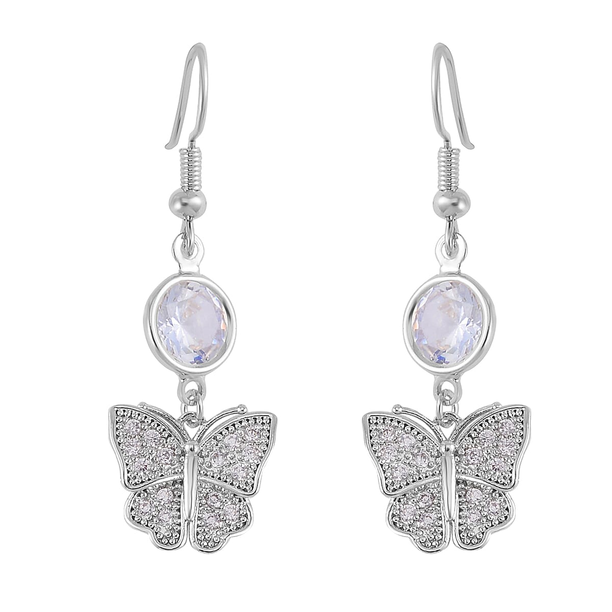 Simulated Pearl, Simulated Diamond and Austrian Crystal Earrings and Cuff Bracelet (7.00 In) with Butterfly Charm in Silvertone 0.80 ctw
