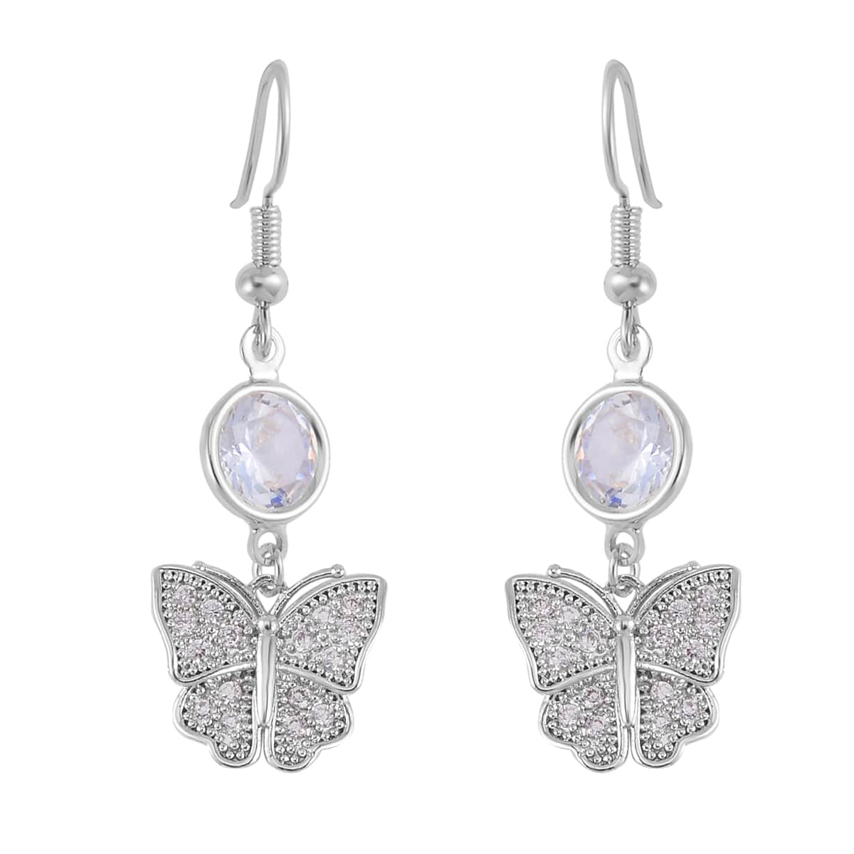 Simulated Pearl, Simulated Diamond and Austrian Crystal Earrings and Cuff Bracelet (7.00 In) with Butterfly Charm in Silvertone 0.80 ctw image number 6