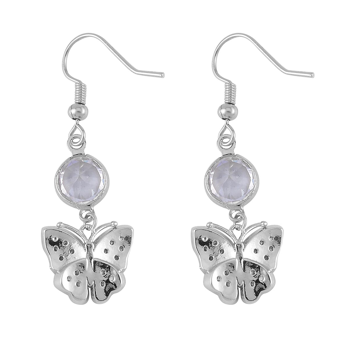Simulated Pearl, Simulated Diamond and Austrian Crystal Earrings and Cuff Bracelet (7.00 In) with Butterfly Charm in Silvertone 0.80 ctw