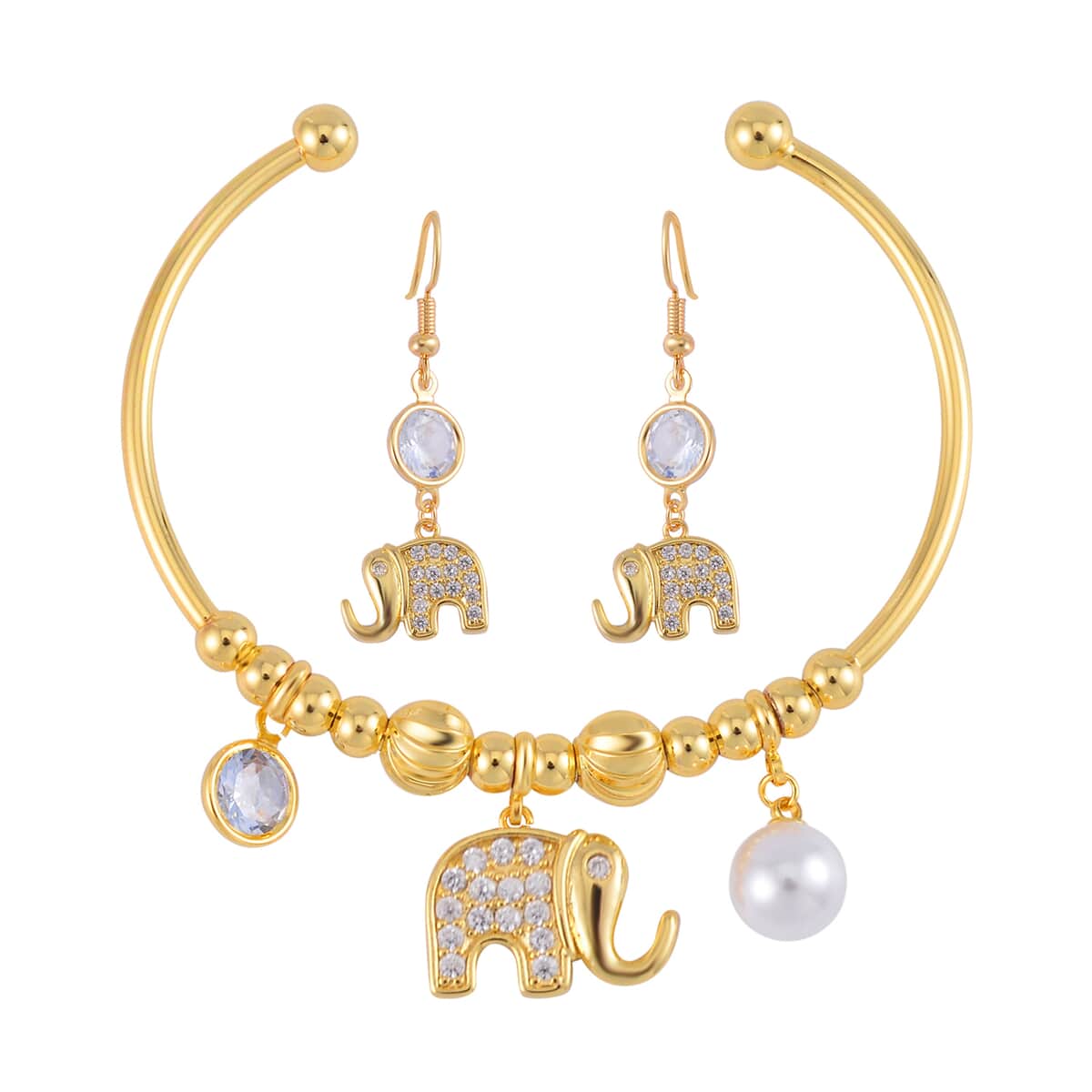 Simulated Pearl, Simulated Diamond, Austrian Crystal Earrings and Cuff Bracelet (7.00 In) with Elephant Charm in Goldtone 1.00 ctw image number 0