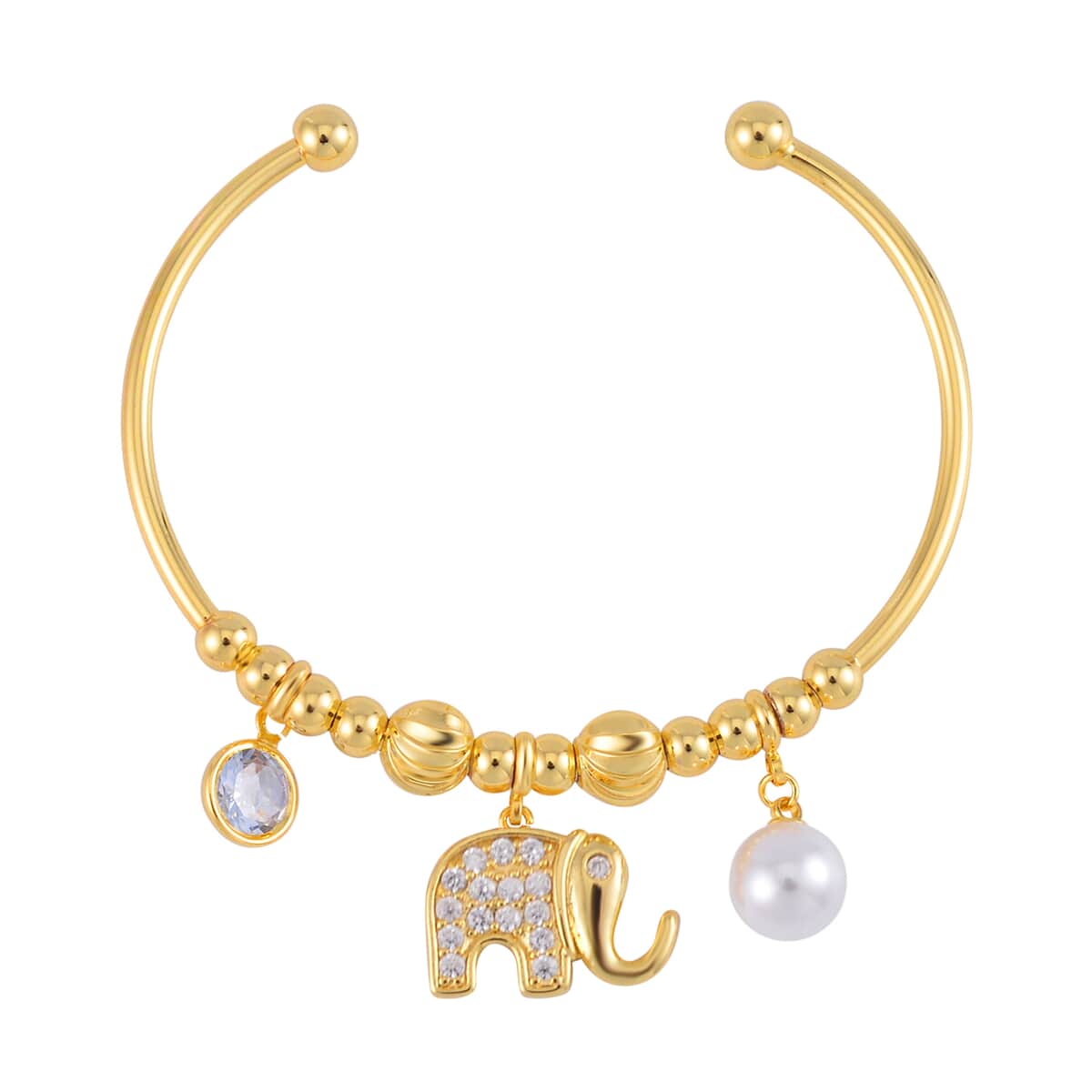 Simulated Pearl, Simulated Diamond, Austrian Crystal Earrings and Cuff Bracelet (7.00 In) with Elephant Charm in Goldtone 1.00 ctw image number 2