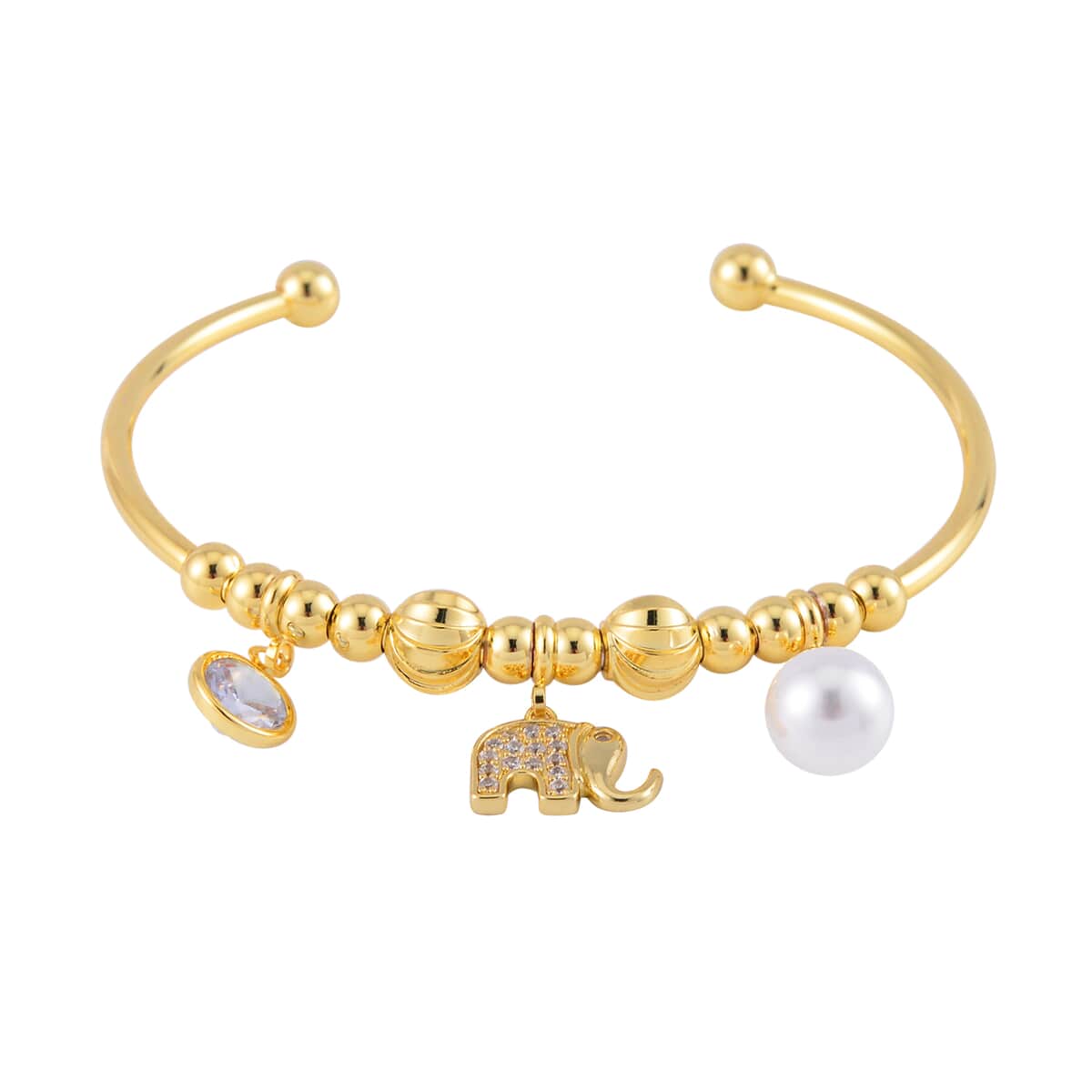 Simulated Pearl, Simulated Diamond, Austrian Crystal Earrings and Cuff Bracelet (7.00 In) with Elephant Charm in Goldtone 1.00 ctw image number 3