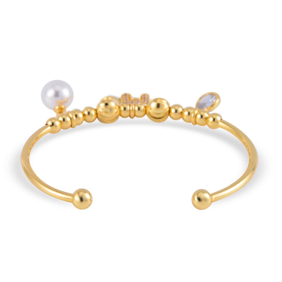 Simulated Pearl, Simulated Diamond, Austrian Crystal Earrings and Cuff Bracelet (7.00 In) with Elephant Charm in Goldtone 1.00 ctw image number 4