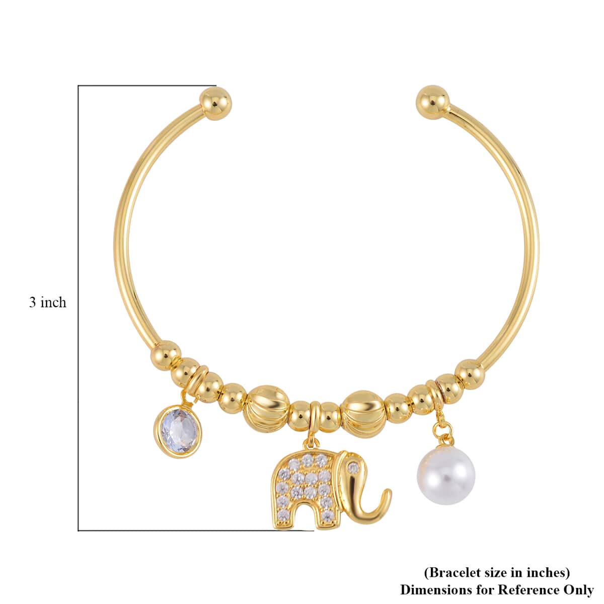 Simulated Pearl, Simulated Diamond, Austrian Crystal Earrings and Cuff Bracelet (7.00 In) with Elephant Charm in Goldtone 1.00 ctw image number 5