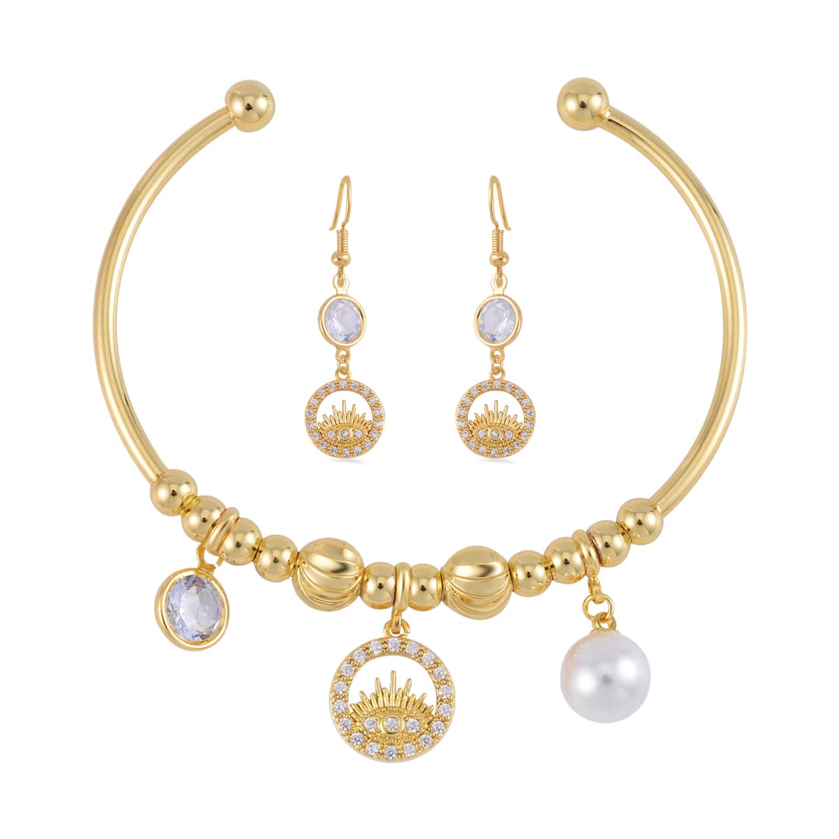 Simulated Pearl, Simulated Diamond, Austrian Crystal Bangle Bracelet (7.00In) and Earrings with Evil Eye Charm in Goldtone 0.90 ctw image number 0