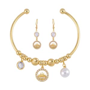 Simulated Pearl, Simulated Diamond, Austrian Crystal Bangle Bracelet (7.00In) and Earrings with Evil Eye Charm in Goldtone 0.90 ctw