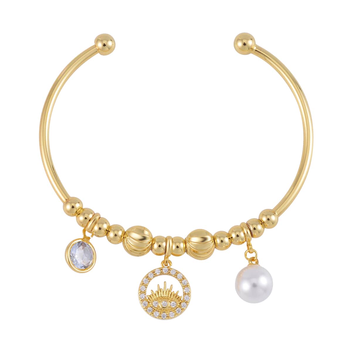 Simulated Pearl, Simulated Diamond, Austrian Crystal Bangle Bracelet (7.00In) and Earrings with Evil Eye Charm in Goldtone 0.90 ctw image number 2