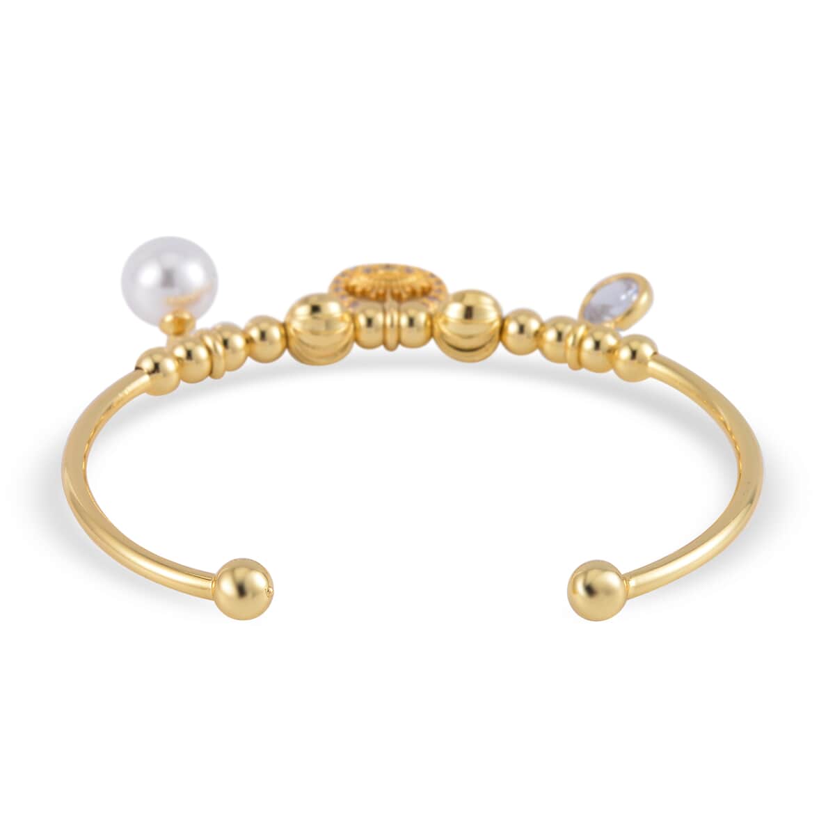 Simulated Pearl, Simulated Diamond, Austrian Crystal Bangle Bracelet (7.00In) and Earrings with Evil Eye Charm in Goldtone 0.90 ctw image number 4