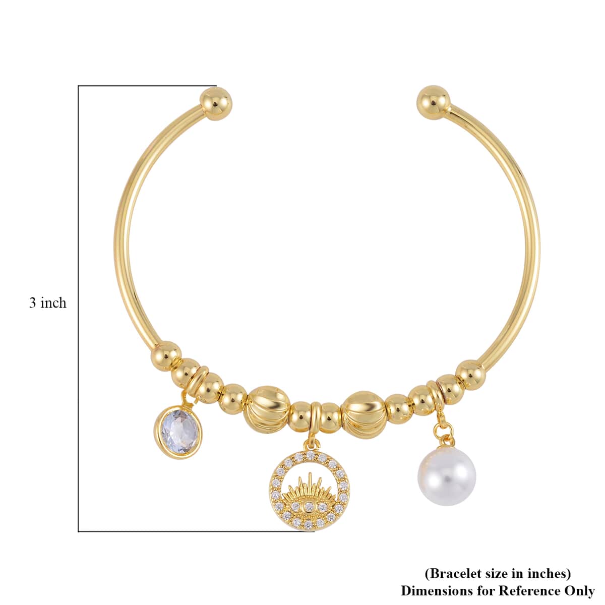 Simulated Pearl, Simulated Diamond, Austrian Crystal Bangle Bracelet (7.00In) and Earrings with Evil Eye Charm in Goldtone 0.90 ctw image number 5