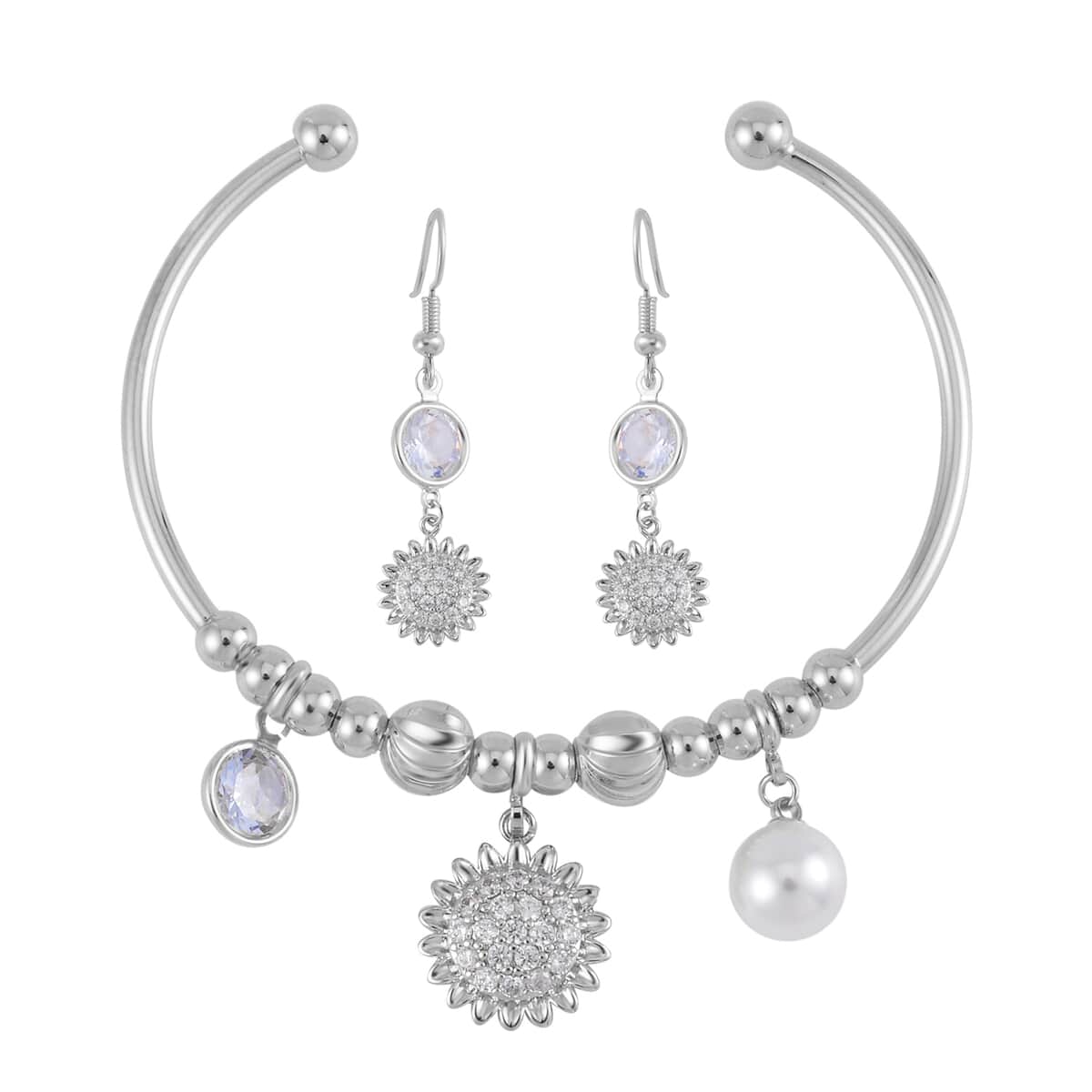 Simulated Pearl, Simulated Diamond, Austrian Crystal Earrings and Bangle Bracelet (7.00 In) with Sunflower Charm in Silvertone 2.60 ctw image number 0