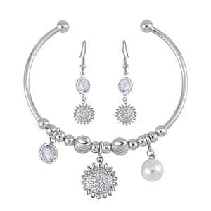 Simulated Pearl, Simulated Diamond, Austrian Crystal Earrings and Bangle Bracelet (7.00 In) with Sunflower Charm in Silvertone 2.60 ctw
