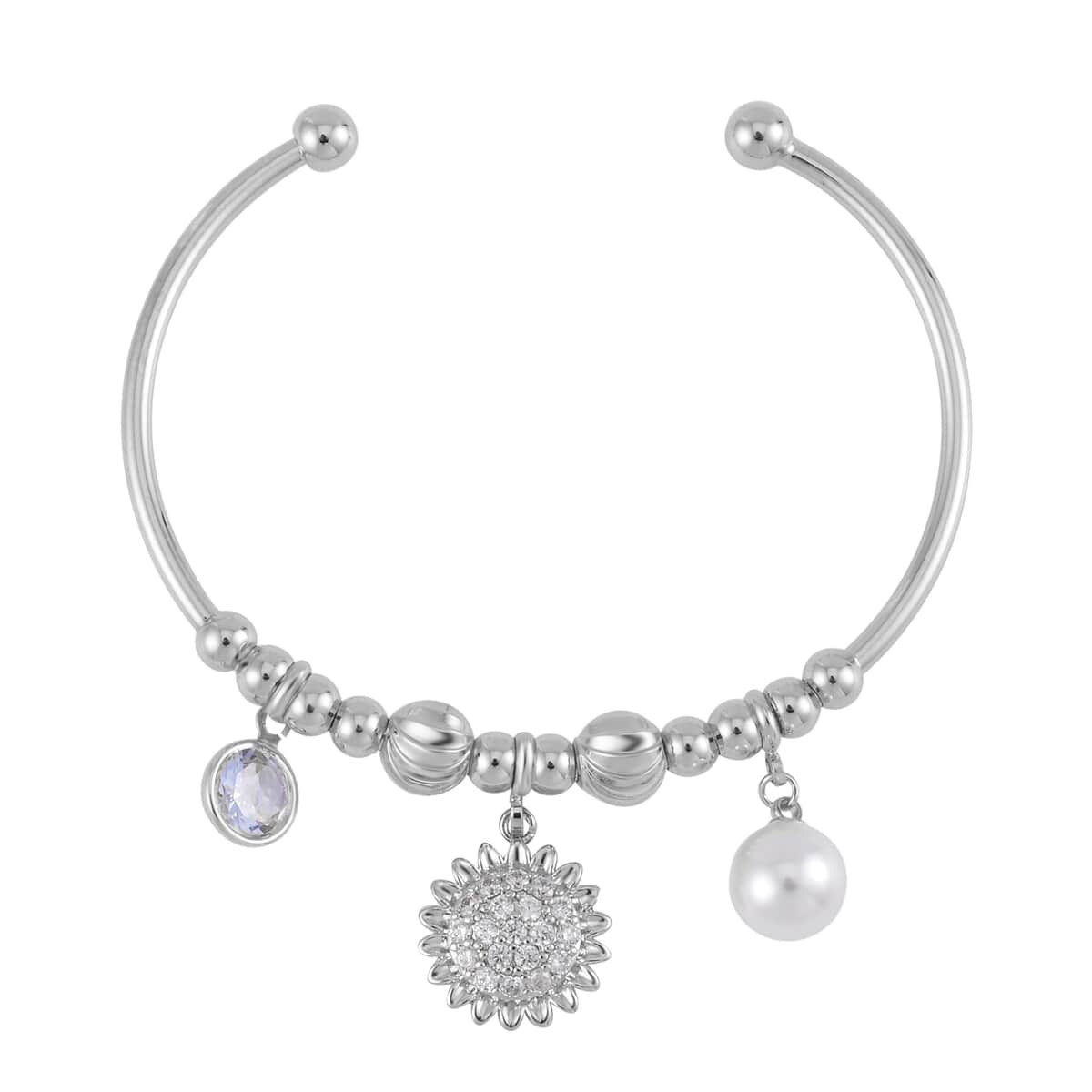 Simulated Pearl, Simulated Diamond, Austrian Crystal Earrings and Bangle Bracelet (7.00 In) with Sunflower Charm in Silvertone 2.60 ctw image number 2