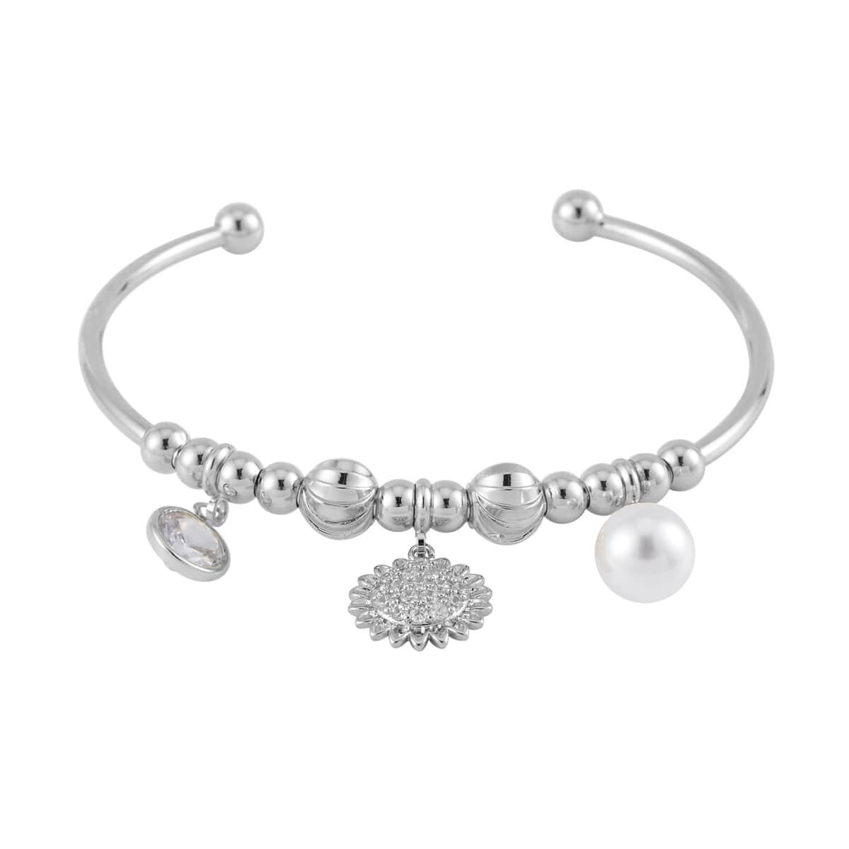 Simulated Pearl, Simulated Diamond, Austrian Crystal Earrings and Bangle Bracelet (7.00 In) with Sunflower Charm in Silvertone 2.60 ctw image number 3