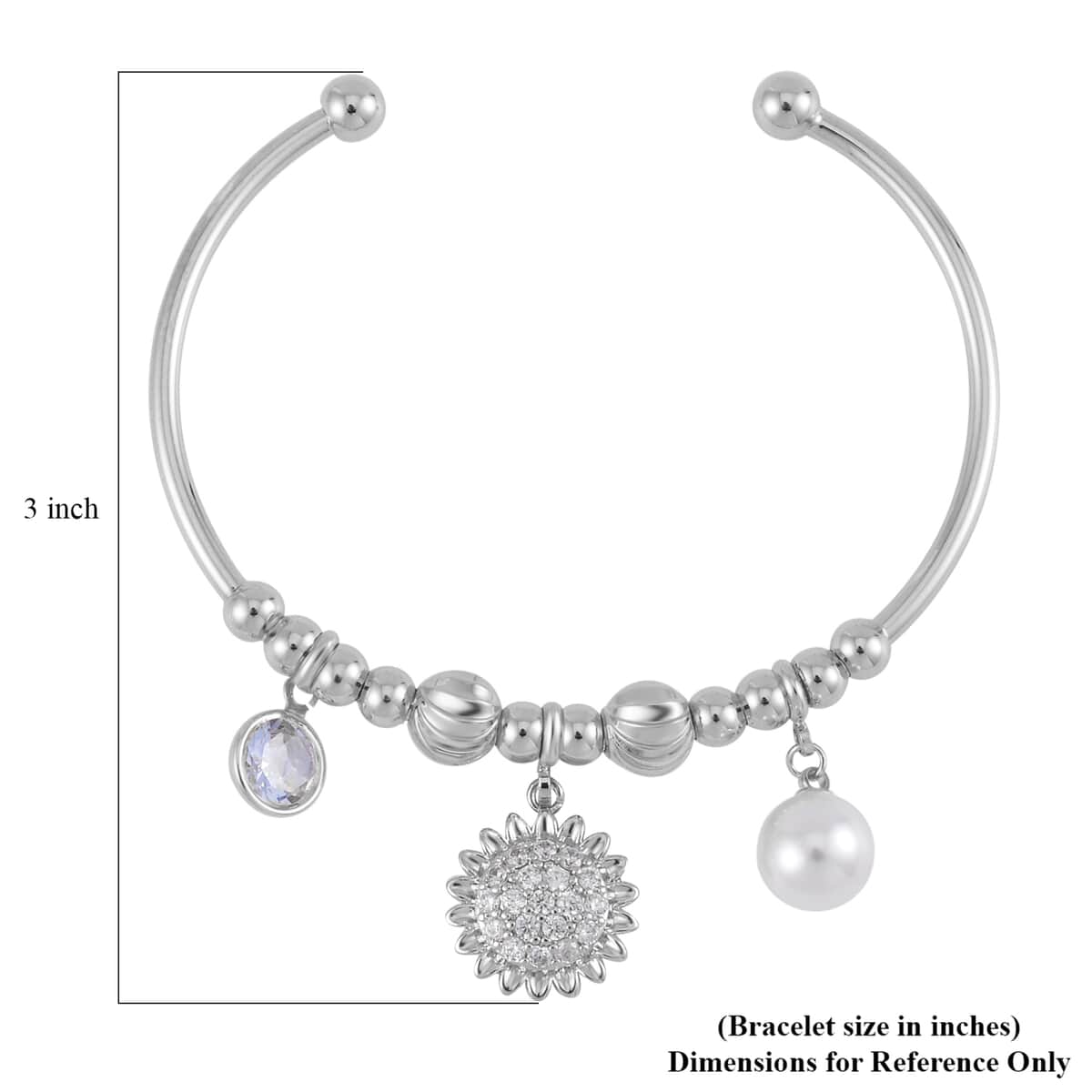 Simulated Pearl, Simulated Diamond, Austrian Crystal Earrings and Bangle Bracelet (7.00 In) with Sunflower Charm in Silvertone 2.60 ctw image number 5