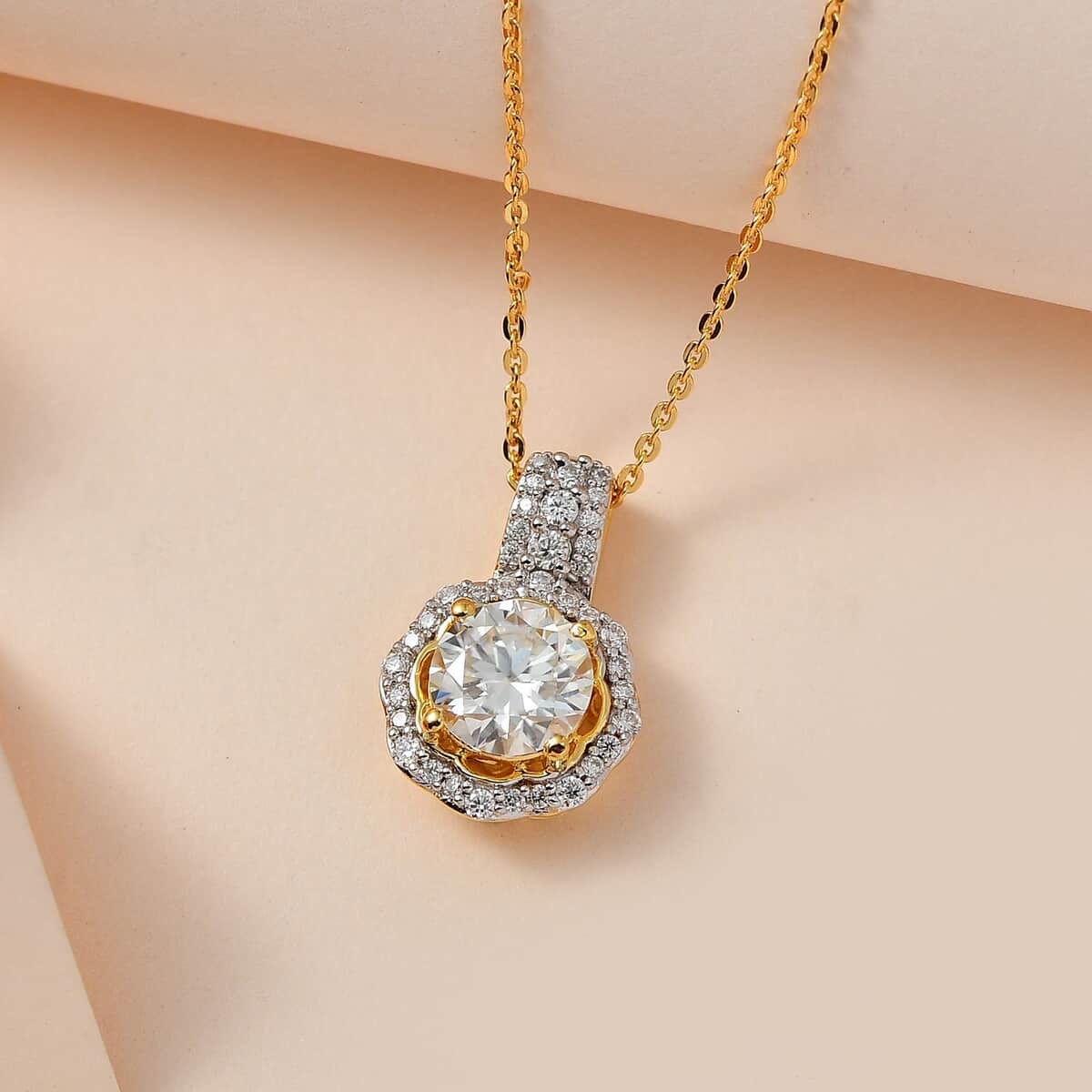 Moissanite Floral Pendant Necklace 20 Inches in Vermeil Yellow Gold Over Sterling Silver 1.60 ctw image number 1