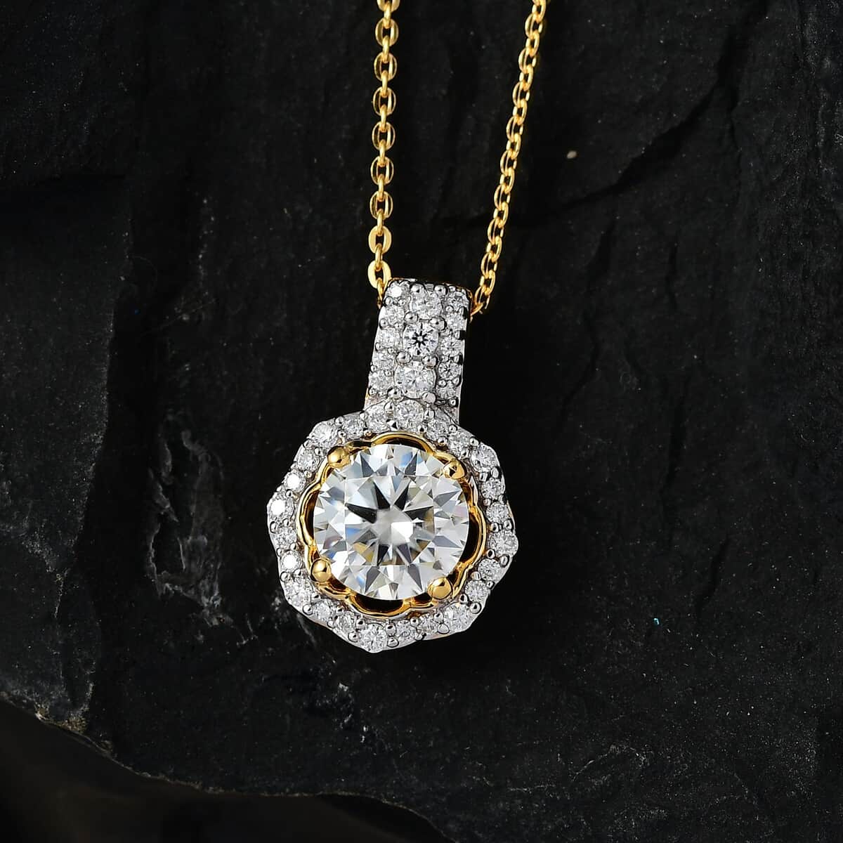 Moissanite Floral Pendant Necklace 20 Inches in Vermeil Yellow Gold Over Sterling Silver 1.60 ctw image number 2