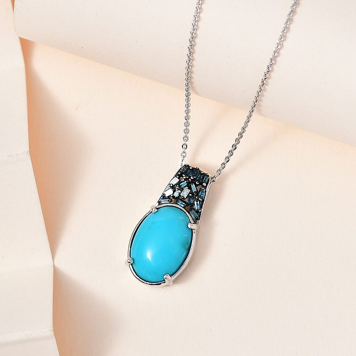 TLV Premium Sleeping Beauty Turquoise, Blue Diamond (IR) Pendant Necklace (20 Inches) in Platinum Over Sterling Silver 5.30 ctw image number 1