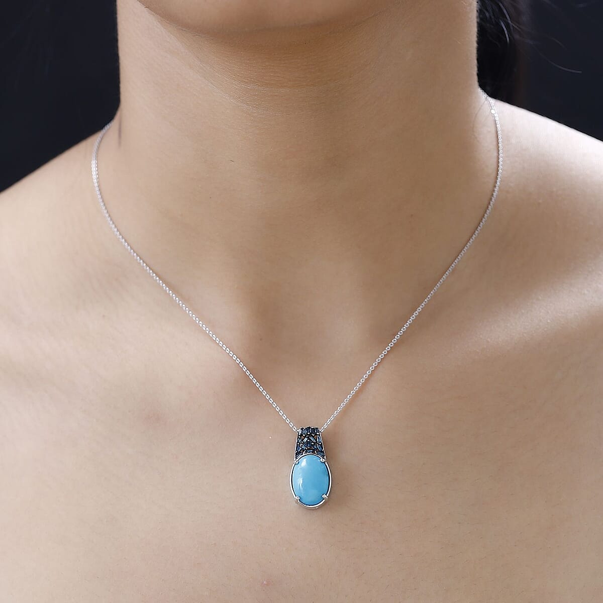 TLV Premium Sleeping Beauty Turquoise, Blue Diamond (IR) Pendant Necklace (20 Inches) in Platinum Over Sterling Silver 5.30 ctw image number 2