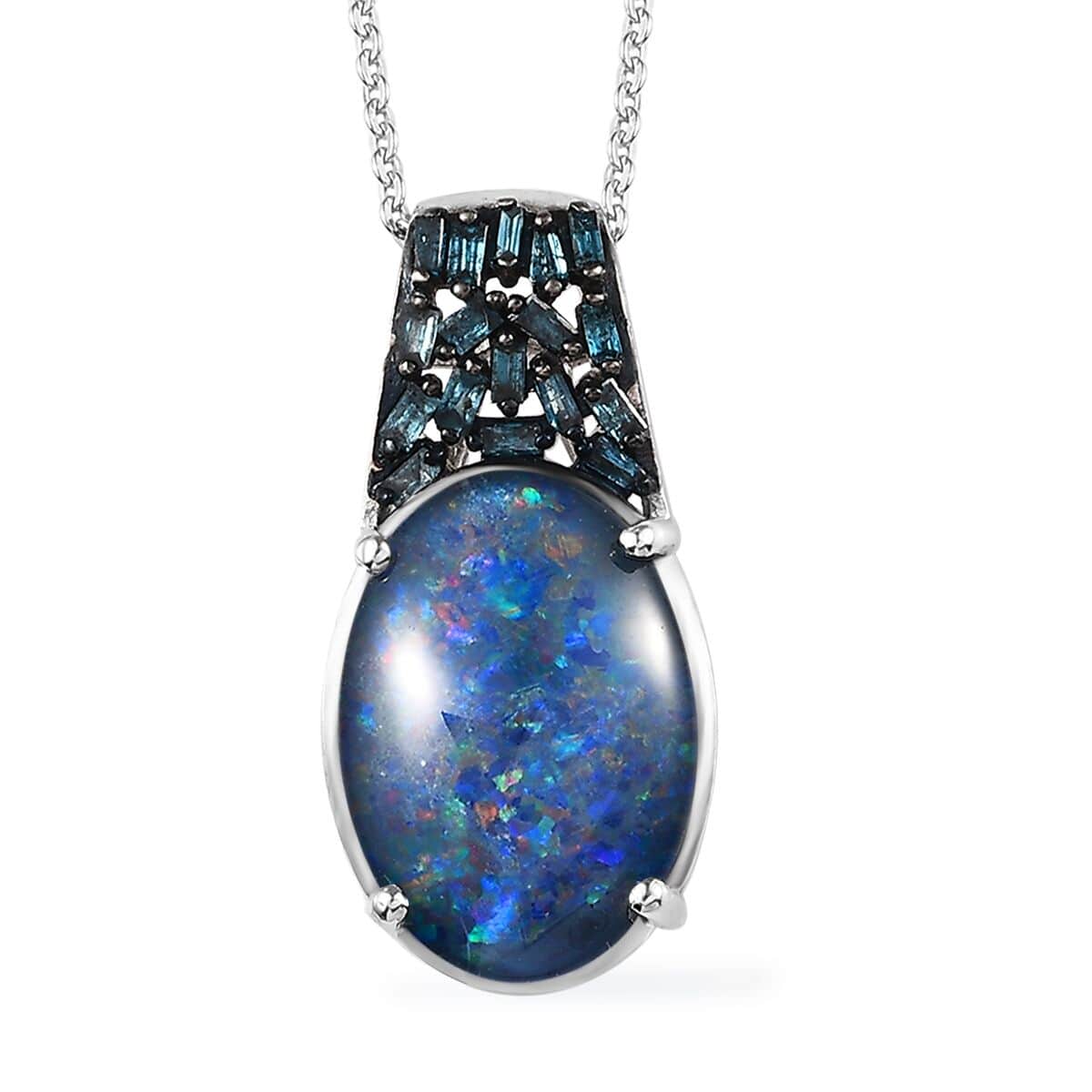 Premium Boulder Opal Triplet and Blue Diamond Pendant Necklace 20 Inches in Platinum Over Sterling Silver 3.50 ctw image number 0