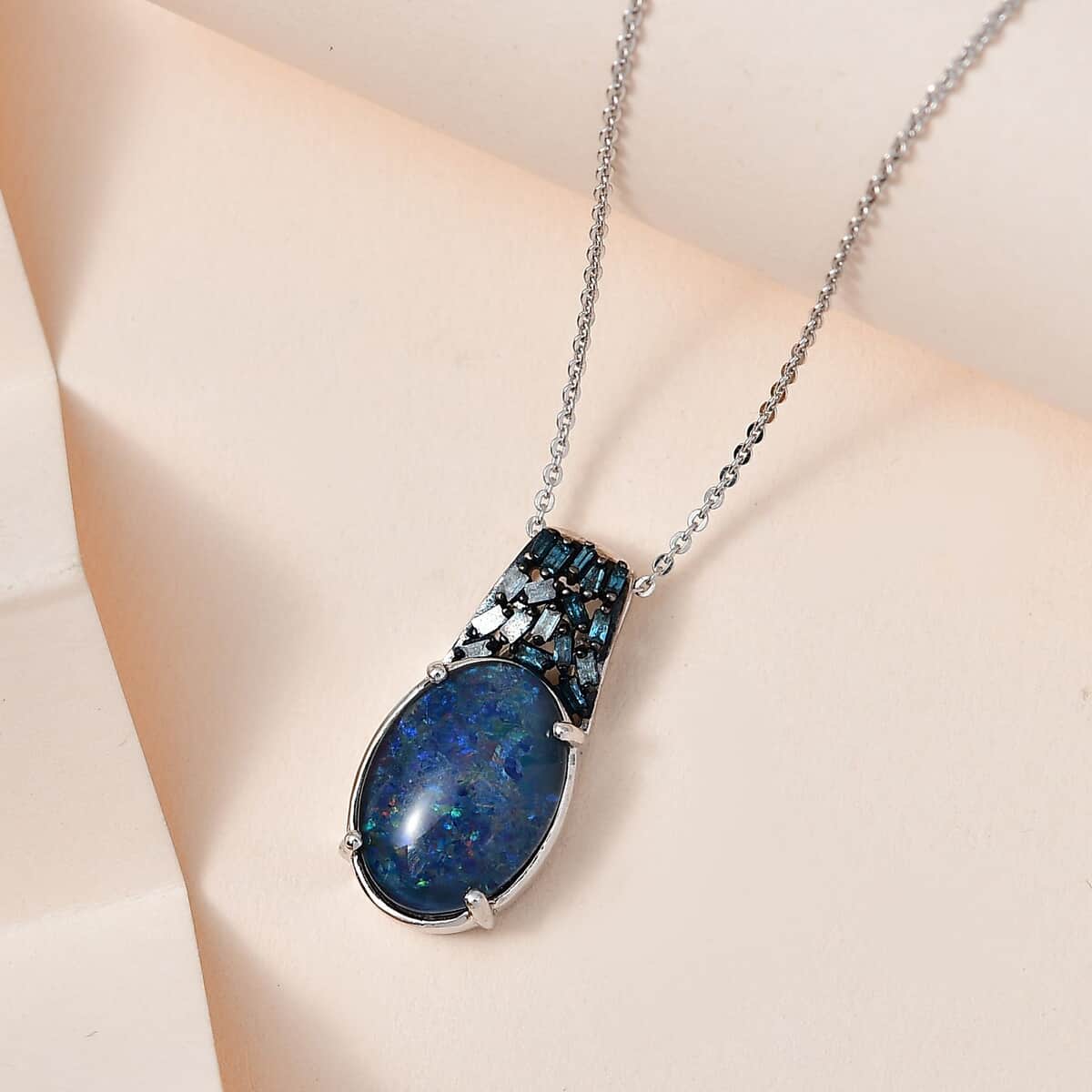 Premium Boulder Opal Triplet and Blue Diamond Pendant Necklace 20 Inches in Platinum Over Sterling Silver 3.50 ctw image number 1