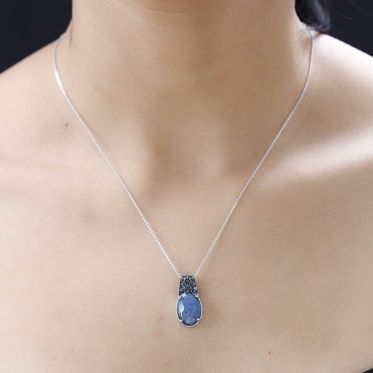 Premium Boulder Opal Triplet and Blue Diamond Pendant Necklace 20 Inches in Platinum Over Sterling Silver 3.50 ctw image number 2
