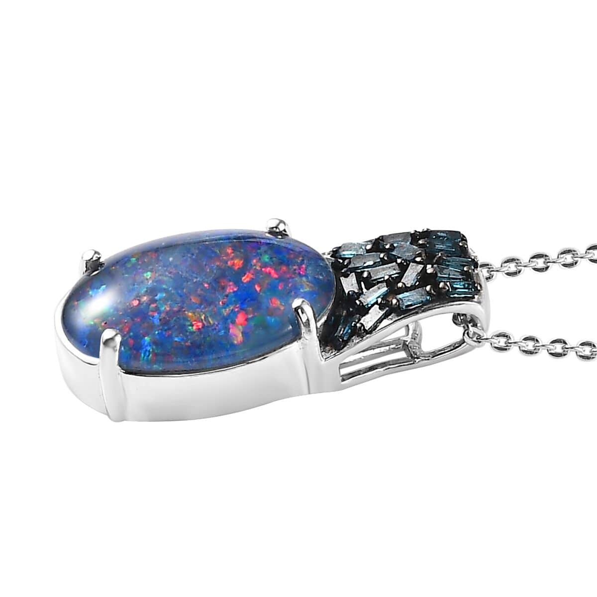 Premium Boulder Opal Triplet and Blue Diamond Pendant Necklace 20 Inches in Platinum Over Sterling Silver 3.50 ctw image number 3