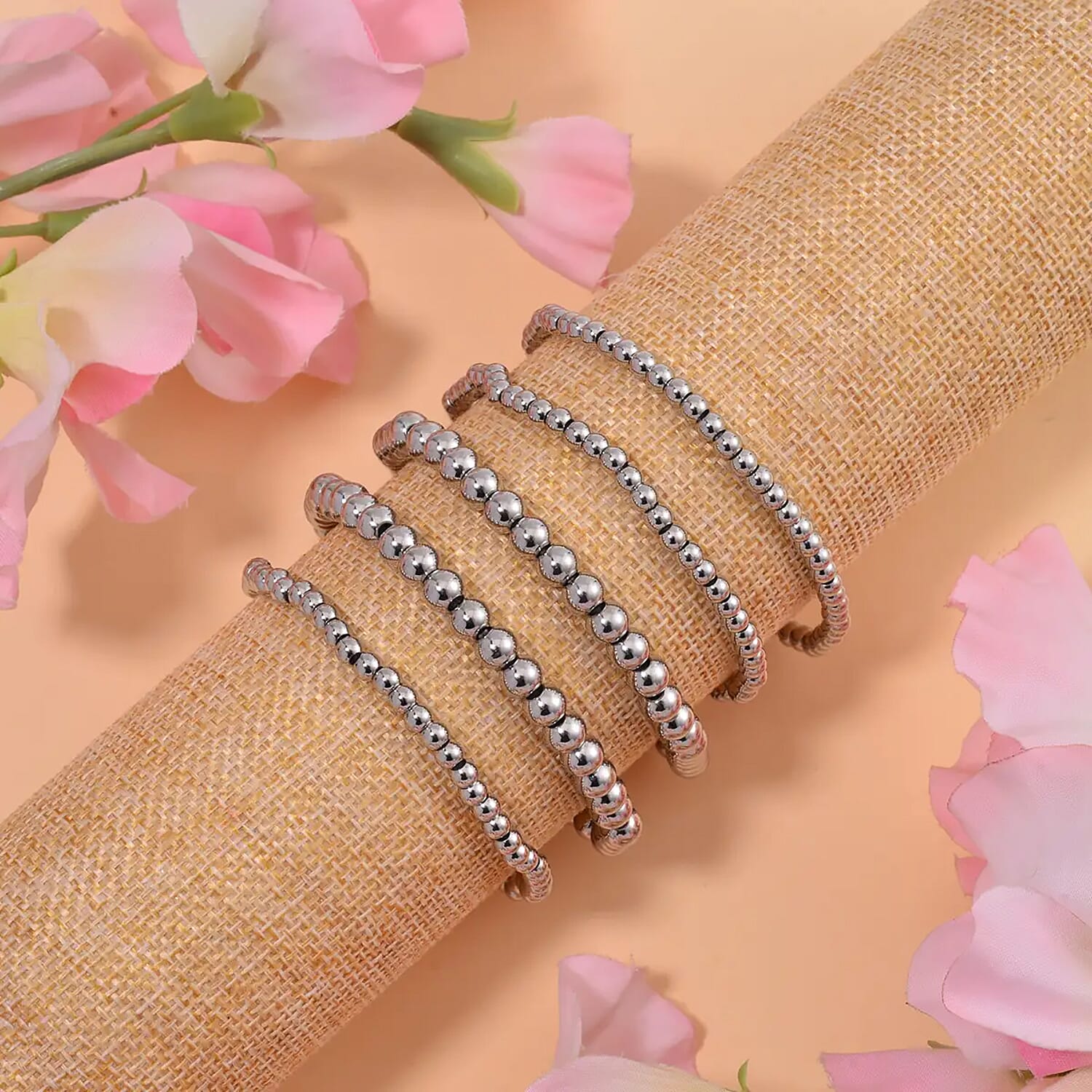 Buy EverTrue Set of 5 Beaded Stretch Bracelet in Stainless Steel