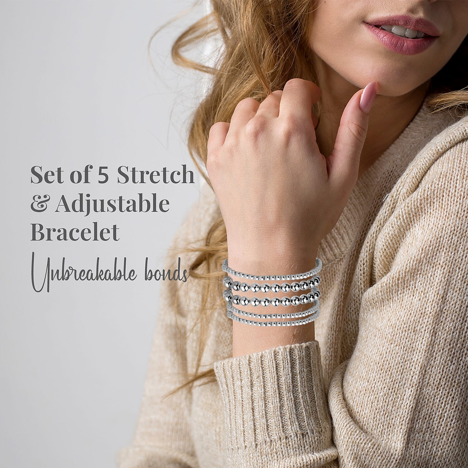 EverTrue Set of 5 Beaded Stretch Bracelet in Stainless Steel, Adjustable Stackable Bracelet Set, Birthday Anniversary Gift