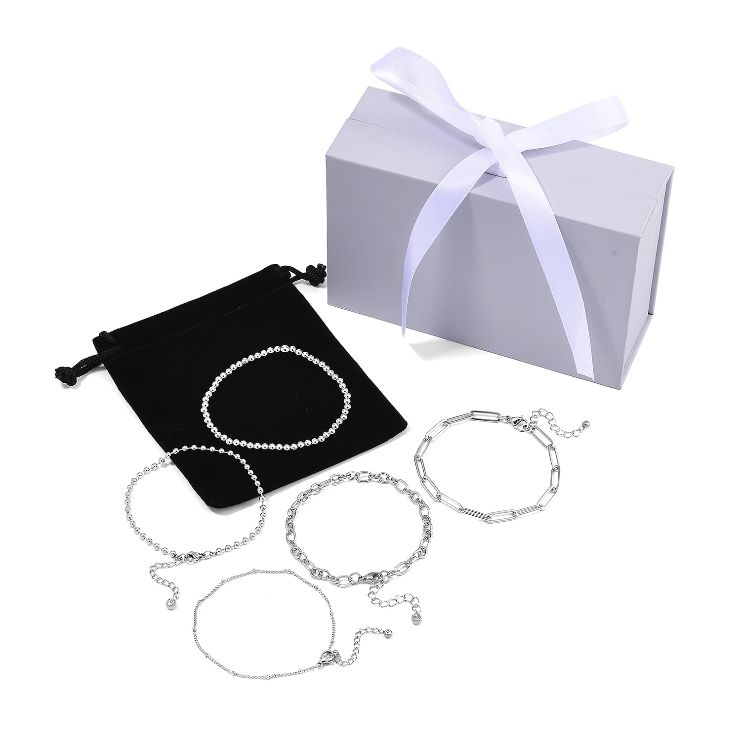 EverTrue Set of 5 White Crystal Rolo, Oval, Beaded, Paper Clip Chain Bracelet in Stainless Steel (Adjustable) (7.50-9.00In)