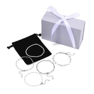 Mother’s Day Gift Ever True Set of 5 White Crystal Rolo, Oval, Beaded, Paper Clip Chain Bracelet in Stainless Steel (Adjustable) (7.50-9.00In)